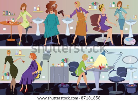 Beauty salon workers and clients in different situations. Beauty salon flat design banner. Beauty salon cartoon characters working. Spa salon banner with cartoon workers and customers flat design.