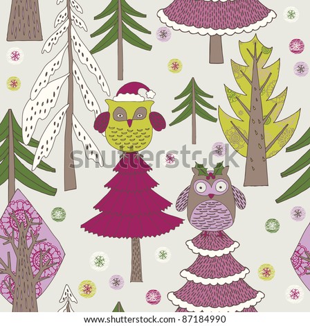 Winter Christmas forest with owls