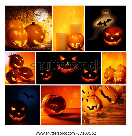 Halloween glowing pumpkins collage, holiday background, curved decoration creative design, traditional jack o lantern candles