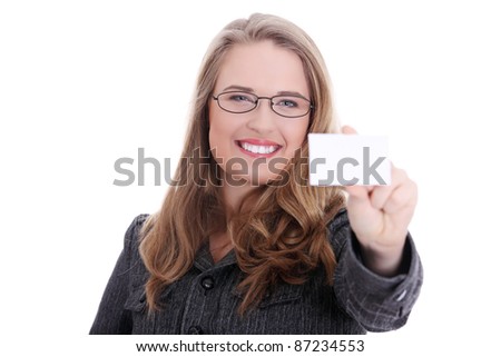 Businesswoman in suit holding blank empty business card. Isolated