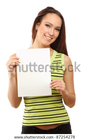 A young woman showing an empty paper, isolated on white