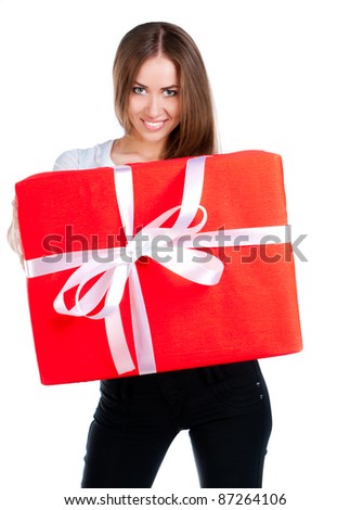 cute young girl with a gift on a white background