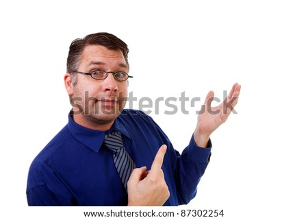 male nerdy geek is showing over white background