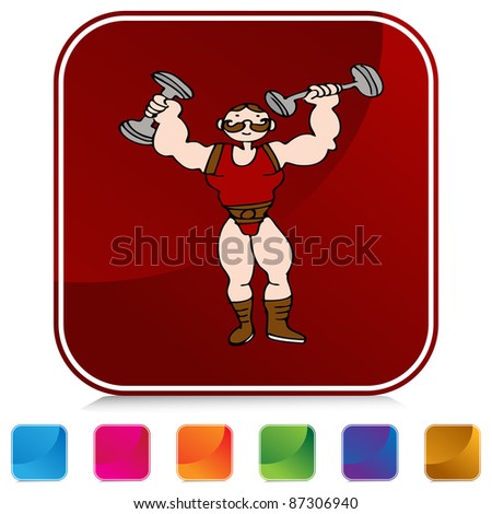 An image of a strongman on a colorful button.