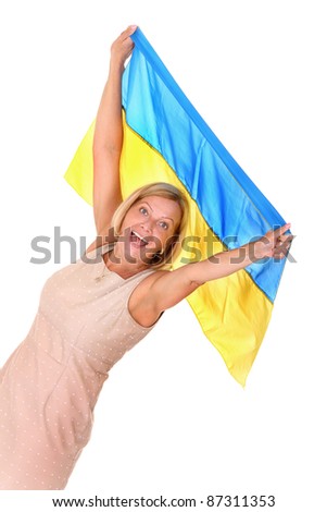 A picture of a happy Ukrainian female fan cheering against white background