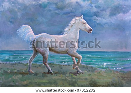 White horse galloping on shore, painting