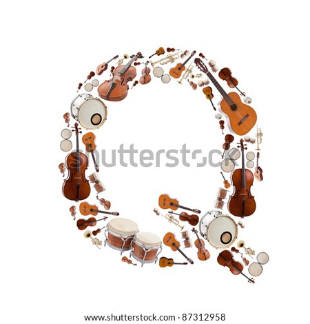 Musical instruments alphabet on white background. Letter Q