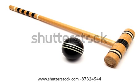 croquet mallet and ball over white Royalty-Free Stock Photo #87324544