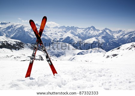 Pair of cross skis in snow Royalty-Free Stock Photo #87332333