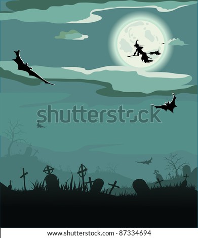 Halloween night (bat,grave, gravestone, graveyard, moon, house, tree, witch)