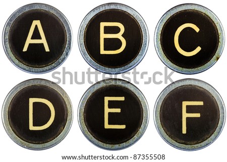 Vintage typewriter letters ABCDEF isolated on white