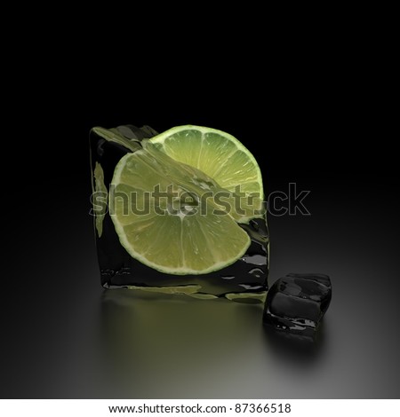 Melted ice cube with piece of lemon