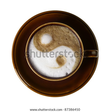 cup of coffee with marbled milk froth, isolated on white with clipping path, seen from above Royalty-Free Stock Photo #87386450