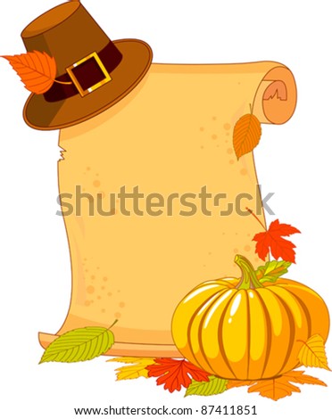 Thanksgiving Day scroll with pilgrim hat and pumpkin