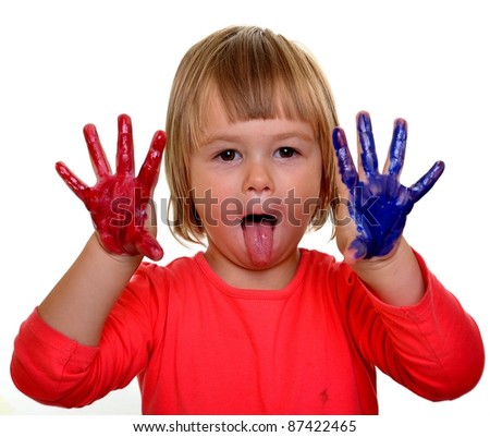 little girl with paint over white background