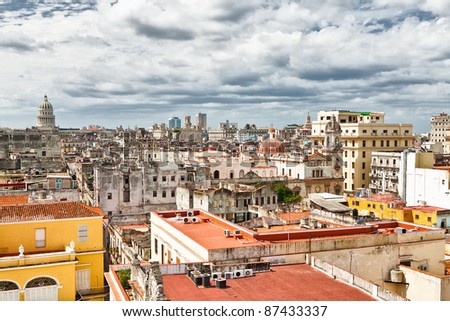 Aerial view of Old Havana with a stormy sky and the Capitol in the background