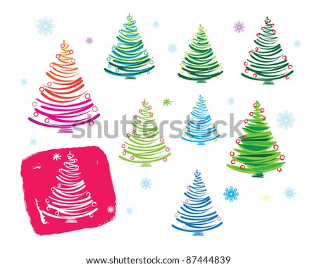 Vector illustration contains the image of a set of christmas trees and snowflakes, isolated on the White background.