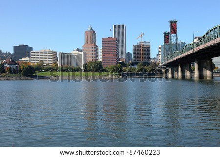 Portland Oregon skyline & the Hawthorne bridge, from the river's edge.