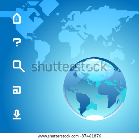 Globe and website icons. Blue background with map of the World. Raster version. Vector version is also available.