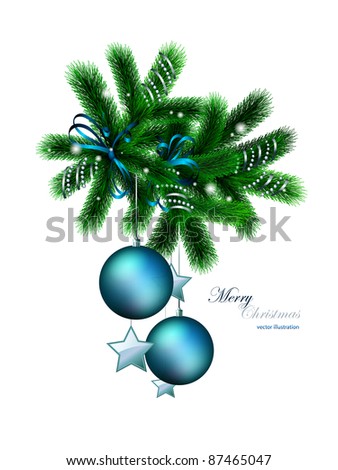Decorated branch of christmas tree on white background