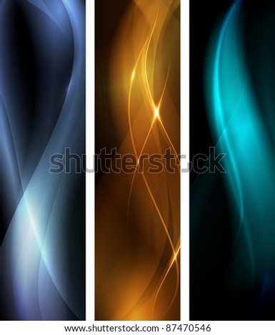 Vertical banner set, proportions 600x160. Wavy patterns on dark background with  light effects.