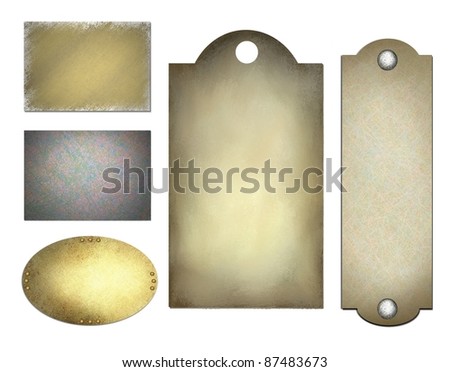 vintage label or tags illustration with parchment, grunge, and metal textures, in brown, gold, beige, blue, silver & gray colors, with copy space for your price or title, isolated on white background