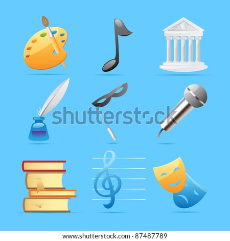 Icons for arts: fine arts, music, architecture, poetry, literature, theater. Raster version. Vector version is also available.
