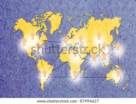 Social network diagram over world map recycled paper craft stick on old recycled background Data source: NASA