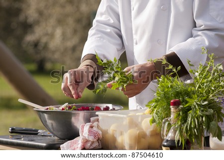 Chef makes beetroot salad with organic parsley. Outdoors. Royalty-Free Stock Photo #87504610
