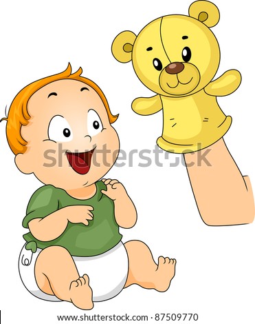 Illustration of a Baby Being Entertained with a Sock Puppet