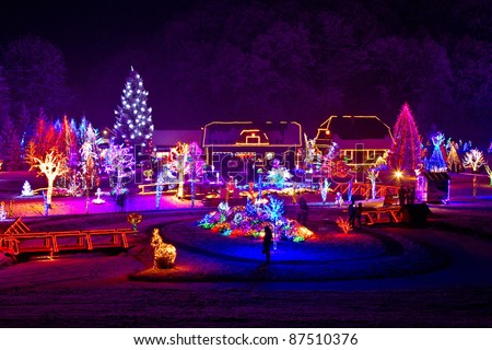 Christmas fantasy - trees and houses in lights on beautiful snowy winter night
