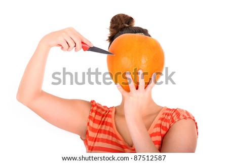 A picture of a woman with a pumpkin instead of a head standing over white background