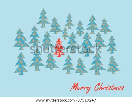 Christmas card with Christmas trees in snow flakes