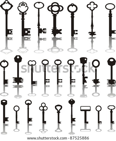 Collection of antique keys and their shadows, vector illustration