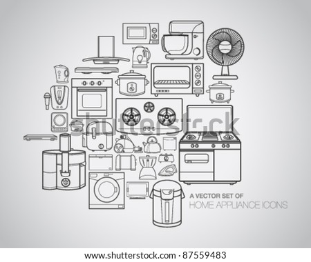 A vector collection of home appliance icons and line illustrations.