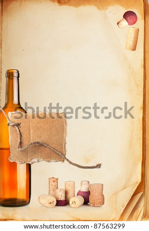 Wine bar list menu. Old book page, bottle of wine, cork and cardboard blank on rope with space for your text