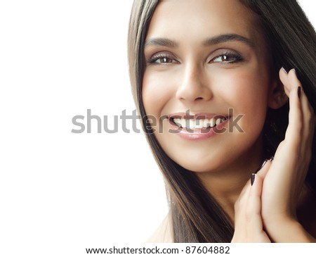 portrait of attractive  caucasian smiling woman isolated on white studio shot