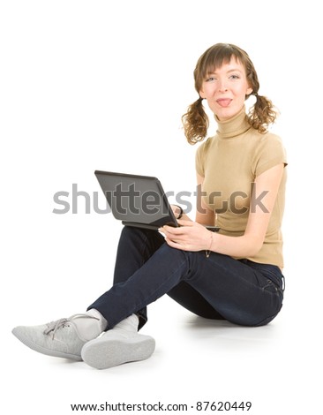young girl with laptop on white background (with shadow and clipping path)