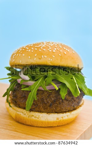 Hamburger with fresh onion and salad