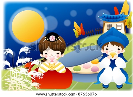 Happy Autumn Festivals - lovely smiling young girl and boy with tasty korean traditional rice cakes in country garden on a background of beautiful blue sky, full moon and blur pattern