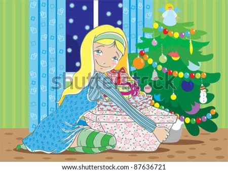 Happy blond girl with christmas gifts. Vector illustration without gradient.
