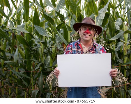 scarecrow holding copy space sign