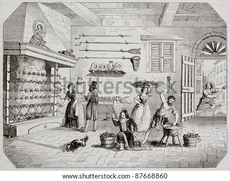 Pickled eels preparation in Comacchio, Italy, old illustration. By unidentified author, published on Magasin Pittoresque, Paris, 1844