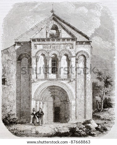 Saint-Pierre church old view, Loupiac, France. Created by Drouyn and Montigneul, published on Magasin Pittoresque, Paris, 1844