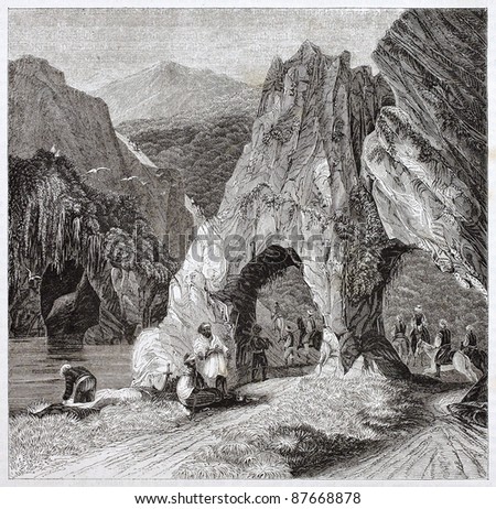 Balkan mountains scenery, old illustration. By unidentified author, published on Magasin Pittoresque, Paris, 1844