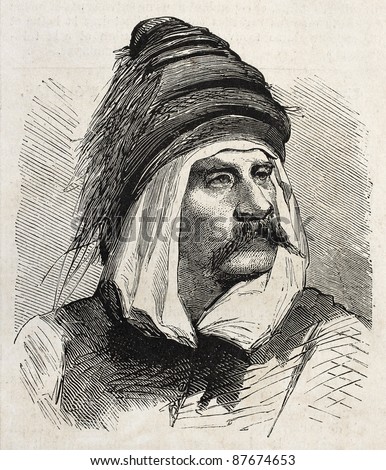 Bashi-Bazouk old engraved portrait (irregular soldier of Ottaman army). By unidentified author, published on L'Illustration, Journal Universel, Paris, 1860