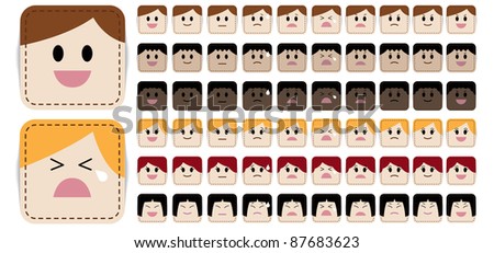 Variety of simple and cute cartoon face in different expressions and races