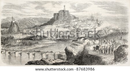 Puy-en-Velay old view, France. Created by Rouargue, published on L'Illustration, Journal Universel, Paris, 1860
