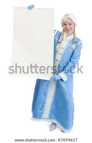 smiling girl dressing in traditional russian christmas costume of Snegurochka (Snow Maiden) with blank banner, isolated on white background