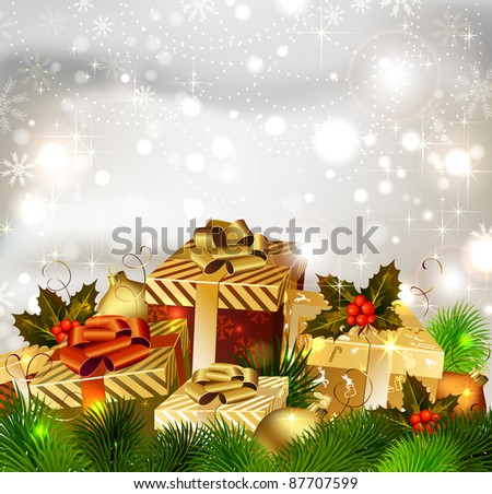 Christmas background with various  gifts and green fir tree